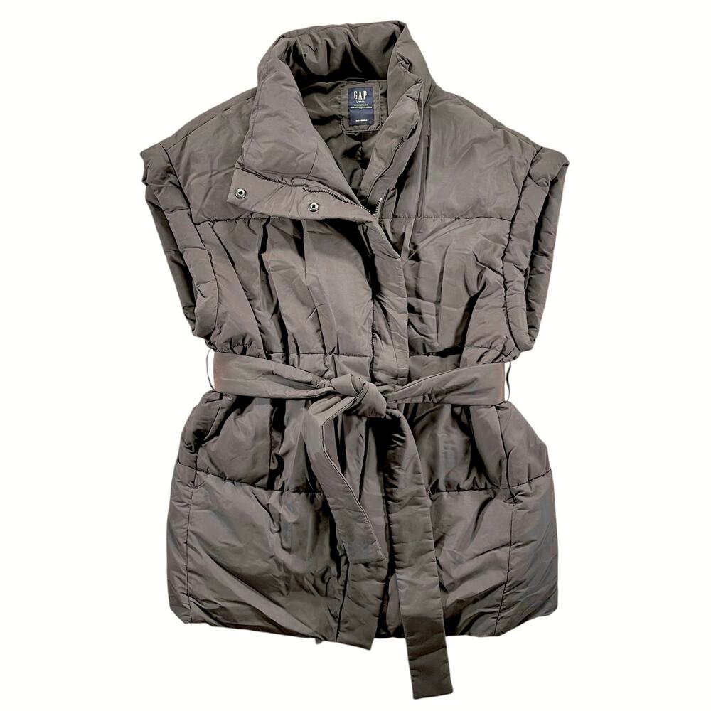 GAP Duvet Wrap Puffer Vest Brown Belted Minimalist Utility Large Tall